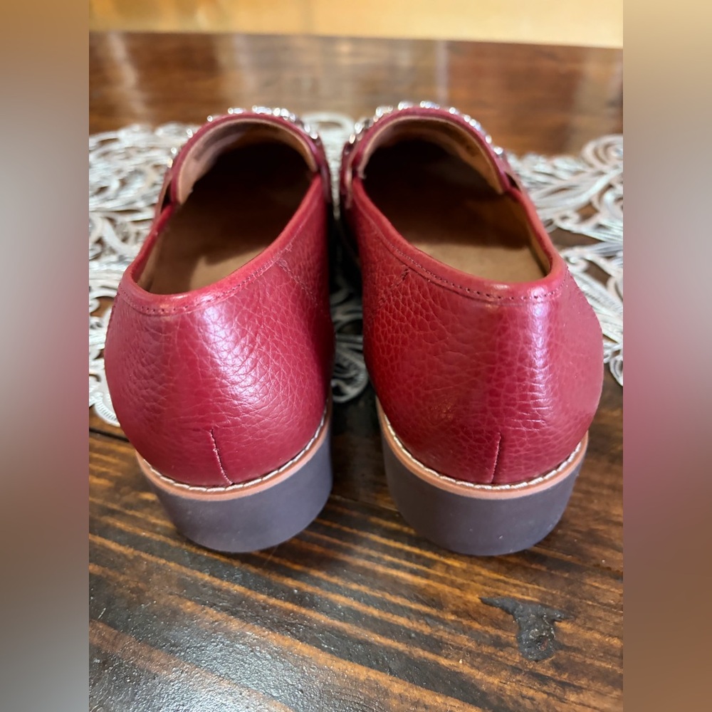 Women's Burgundy Leather Chain-Trim Loafers - Picture 2 of 7